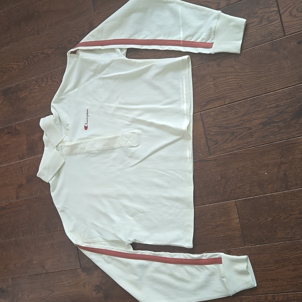 CHAMPION Womens Off White Long Sleeve Crop Top M Polo Collar NWOT